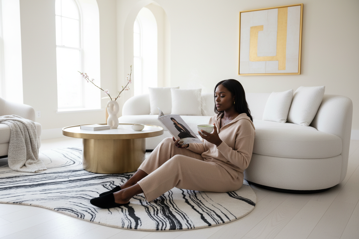 create a black girl in a white luxury living room reading a luxury magazine she she drinking matcha and she is wearing a beige lounge wear set and she has on black slippers and she is sitting on a black and white marble rug. she looks relaxed